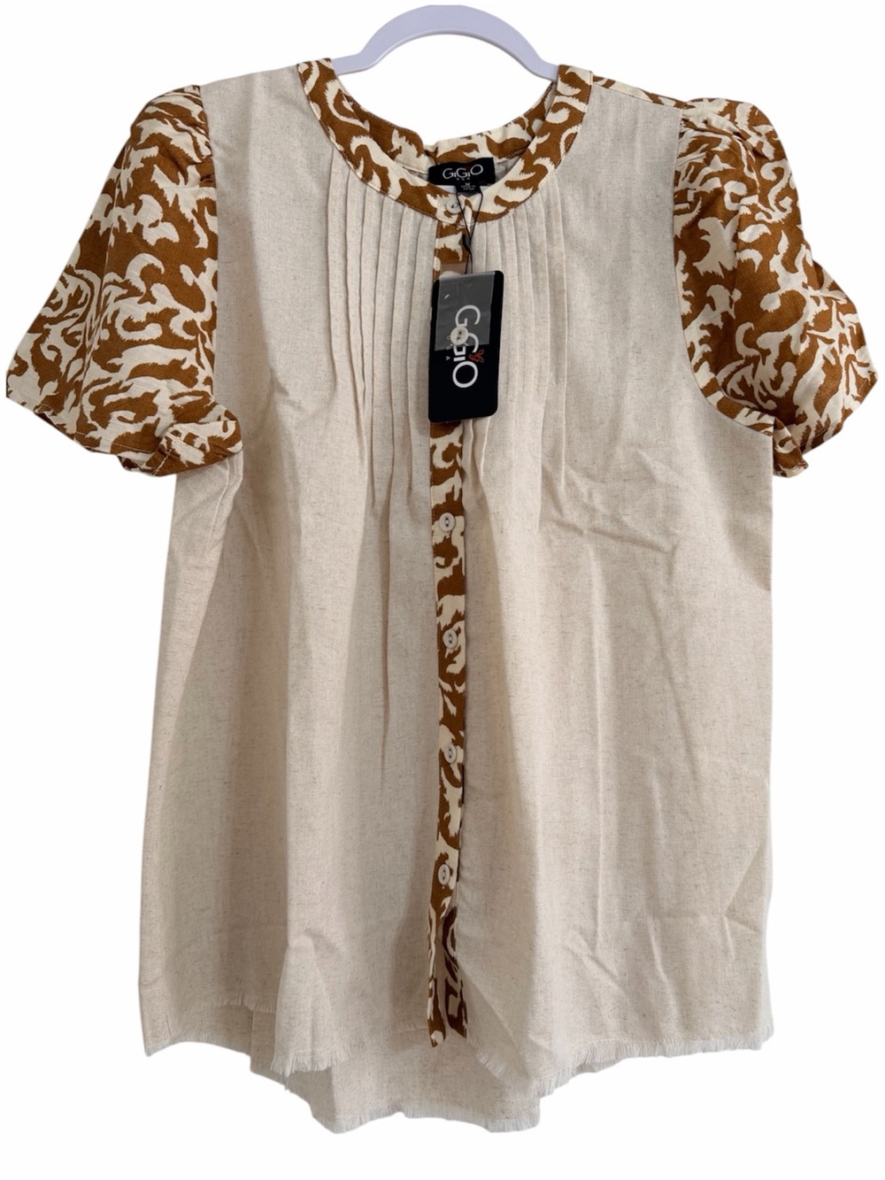 GiGio Pleated Frayed Hem Button Down Blouse - Picture 4 of 4
